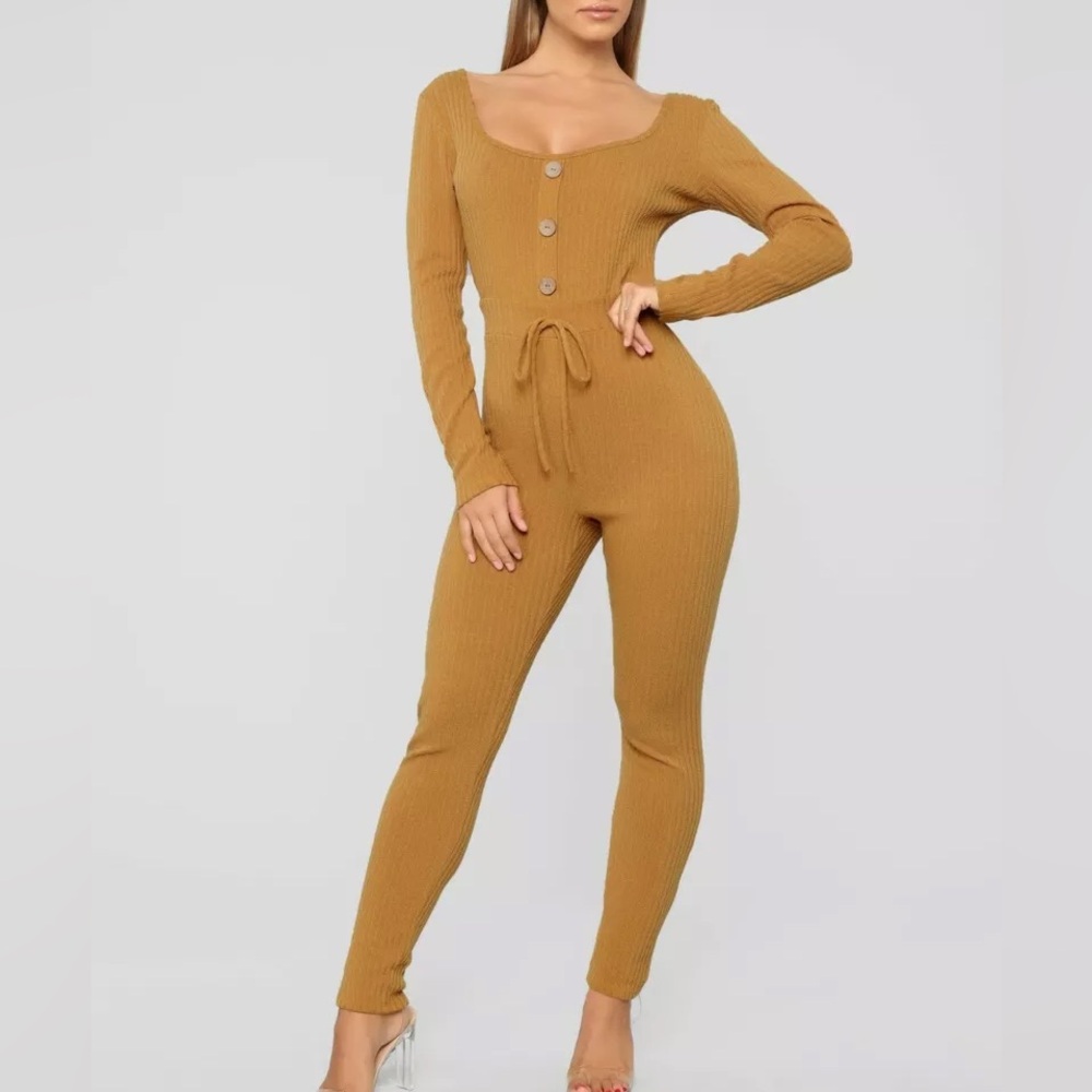 Fashion Nova Mustard Yellow Gold Long Sleeve Bodycon Stephanie Ribbed Jumpsuit